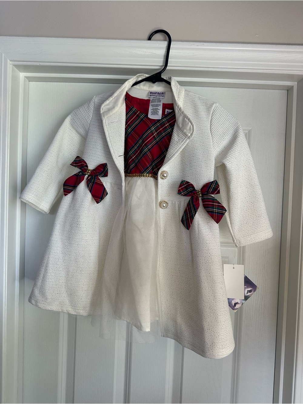 Blueberi NWT White Holiday Coat with Red Plaid Accent Formal Dress